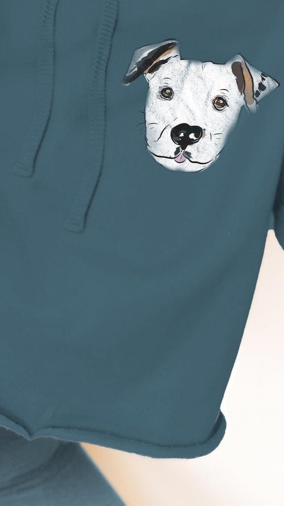 Custom Dog, Cat, or Other Pet's Color Portrait Cropped Hoodie or Crewneck Sweatshirt in Aqua Blue