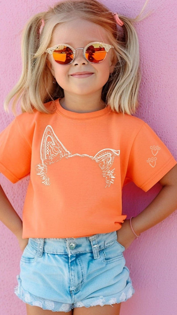 INFANT, TODDLER, or YOUTH Custom Faux Embroidered Look Pet Ears Tee in Bright Orange