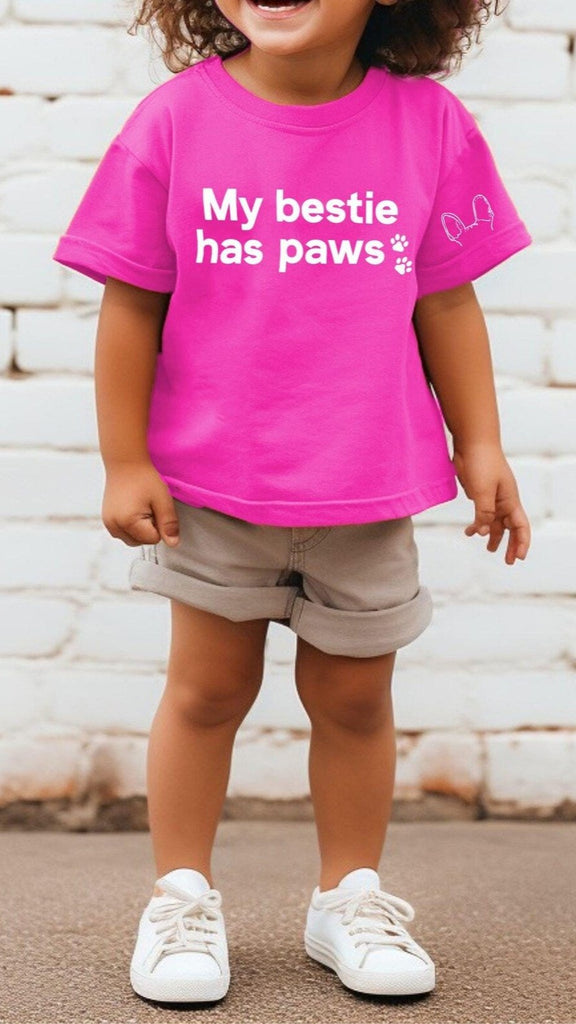 INFANT, TODDLER, or YOUTH Personalized Wording T-Shirt - My Bestie Has Paws - Hot Pink with ears on Sleeve