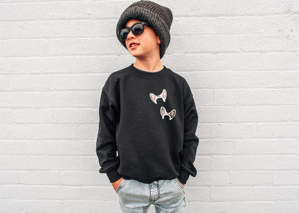 Toddler OR Youth Custom Dog or Cat Full Color Pet Ears Sticker Style Sweatshirt or Hoodie in Black Crew