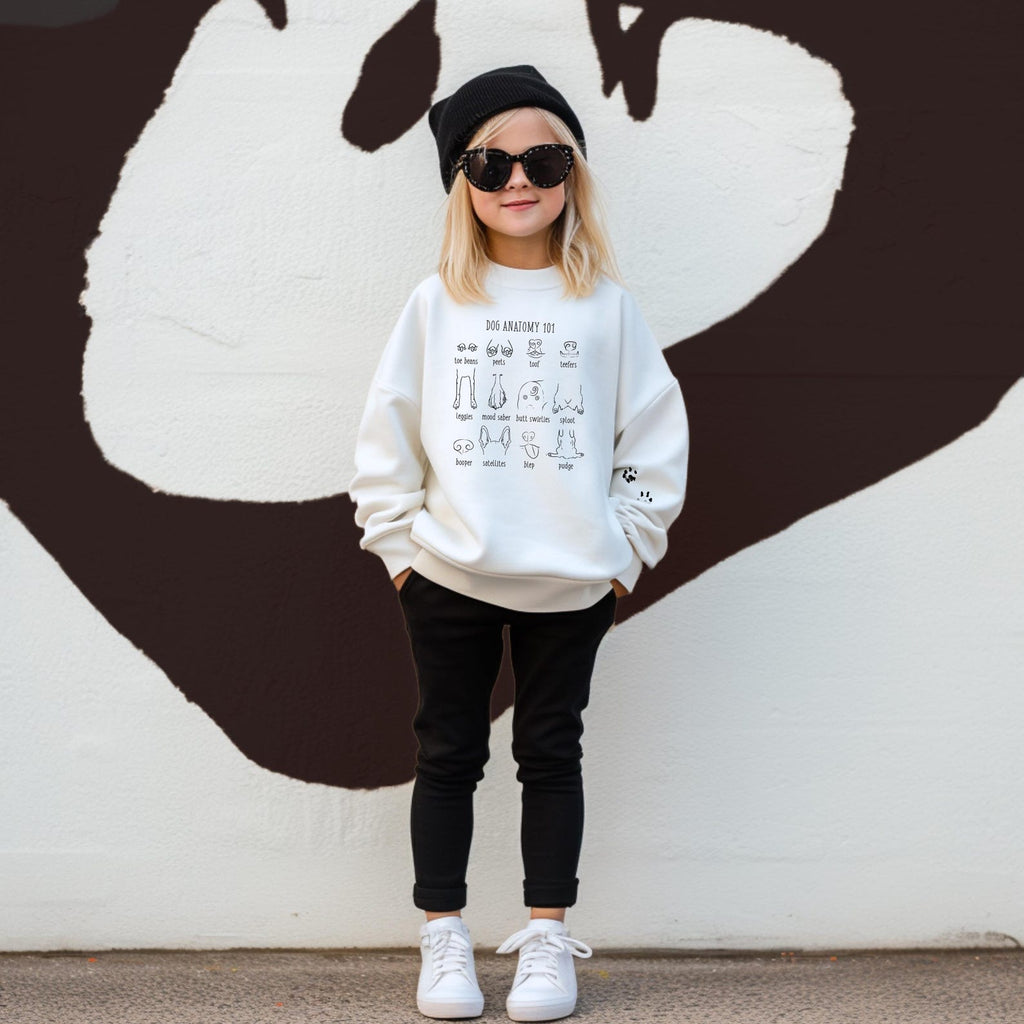 Pick a Style Toddler OR Youth Funny Dog Anatomy 101 Sweatshirt or Hoodie in White