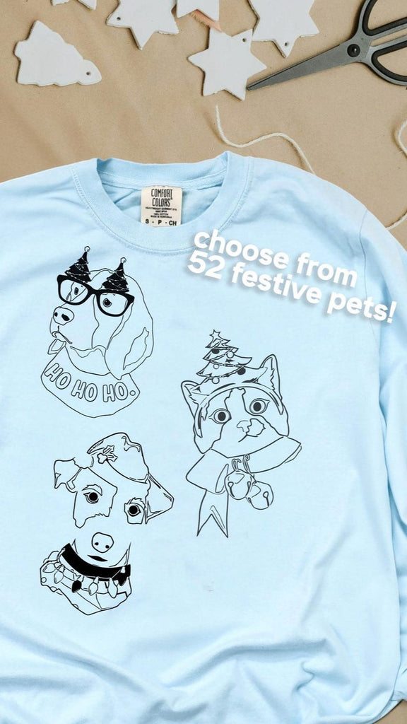 Choose Your Festive Pet/s Long Sleeve Comfort Colors Christmas Party T-Shirt in Chambray