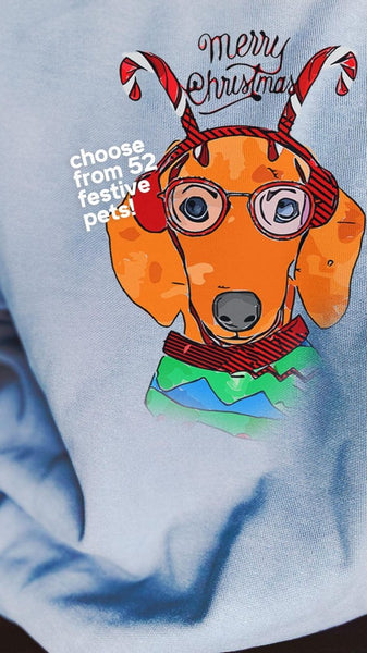 Pick your Breed/s Festive Dog or Cat Sweatshirt in Light Blue