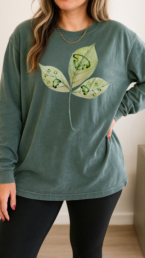 Custom Dog, Cat, or Other Paw or Nose Print/s on Green Leaf Long Sleeve Tee - Shown in Blue Spruce