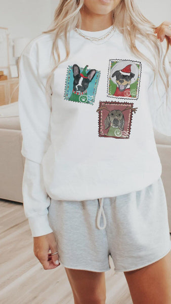 Custom Pet Portrait Stamp Sweatshirt: Festive Christmas Dog Mom Sweatshirt - In White
