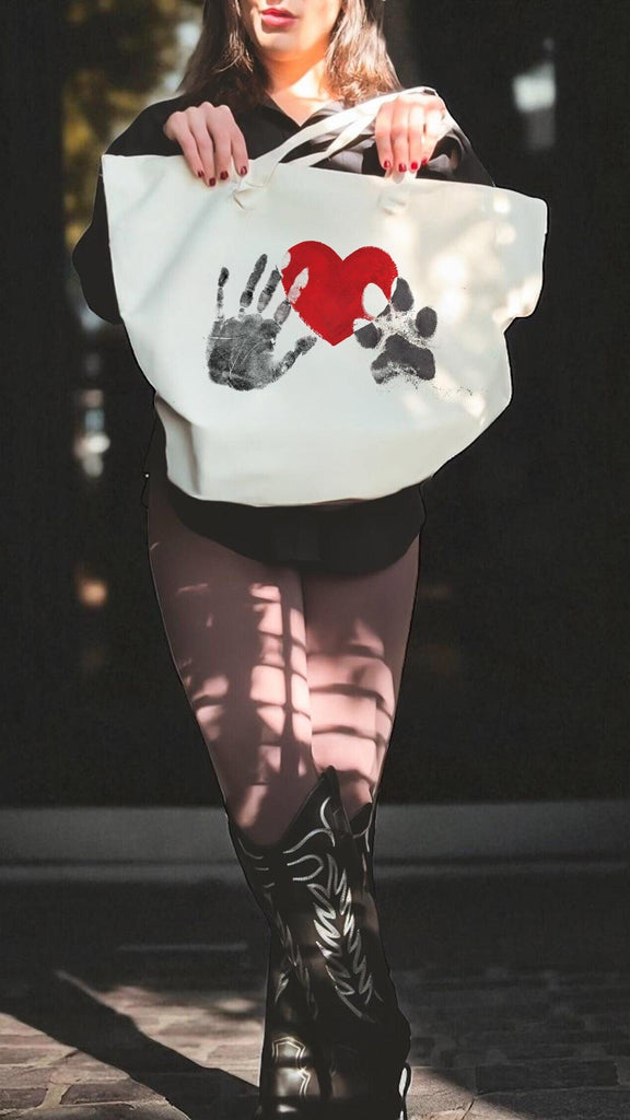The Same Heart Custom Paw and Hand Print/s Tote Bag with Red Heart