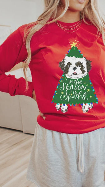 Custom Christmas Tree Pet Portrait Long Sleeve Tee - Red