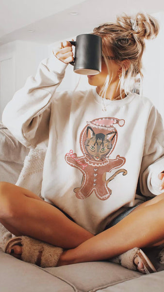 Custom Gingerbread Man Cat or Dog Pet Portrait Sweatshirt - Sand
