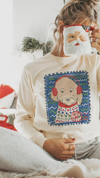 Custom Pet Portrait Christmas Stamp Long Sleeve Tee - Ivory