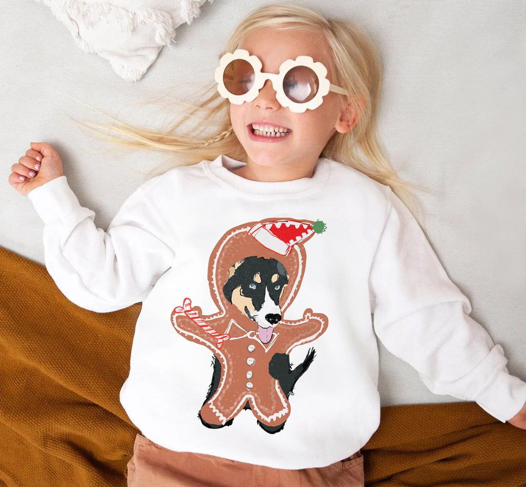 Custom Gingerbread Man Pet Portrait Christmas Kid's Sweatshirt - White Crewneck