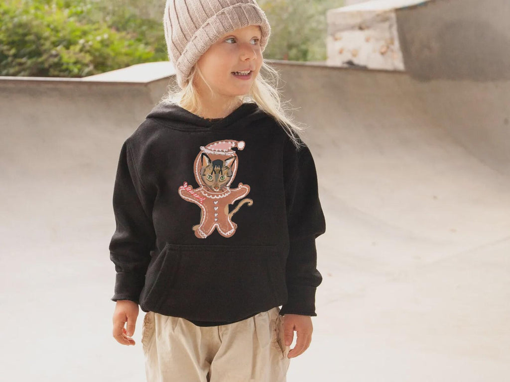 Custom Gingerbread Man Pet Portrait Christmas Kid's Sweatshirt - Black Hoodie