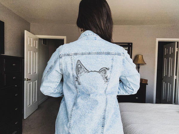 Faux Embroidered Custom Pet Ears Denim Jacket in Light Wash