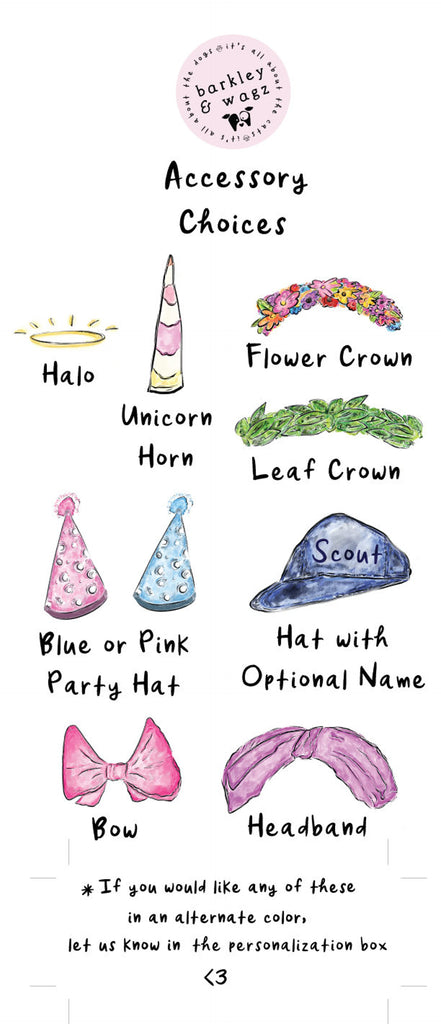 List of accessory choices with illustrations and text for a product by Barkley & Woof.
