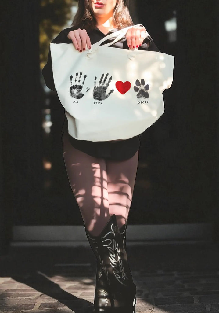 The Same Heart Custom Tote Bag Personalized Paw and Hand Print Bag - Shown with Names