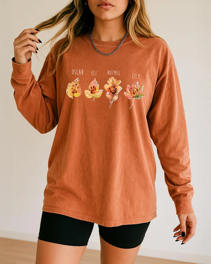 Custom Dog, Cat, or Other Paw or Nose Print/s on Leaves Long Sleeve Tee in Yam