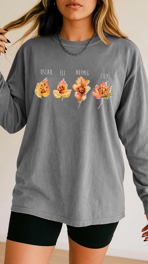 Custom Dog, Cat, or Other Paw or Nose Print/s on Leaves Long Sleeve Tee in Charcoal
