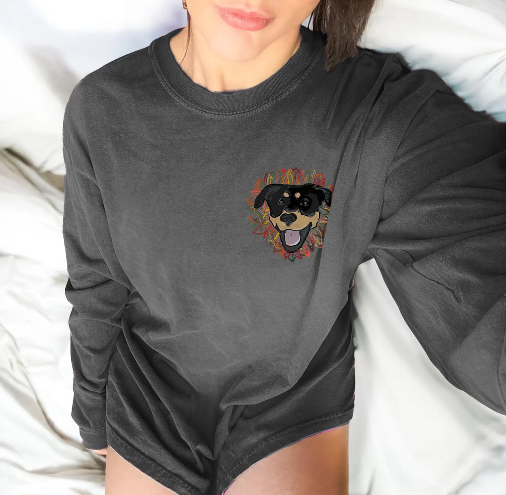 The Autumnal Pet Full Face Color Pet Portrait Unisex Long Sleeve Tee in Black Grey