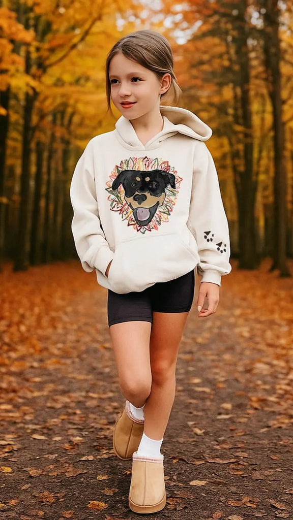 The Autumnal Pup Full Color Autumn Pet Portrait Sweatshirt or Hoodie - Shown in Sand
