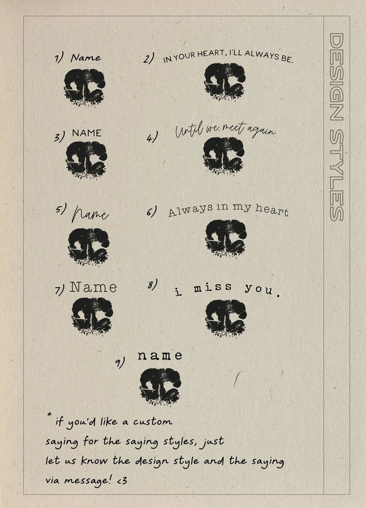 Sheet of paper with various design styles for personalized nose prints on a beige background.