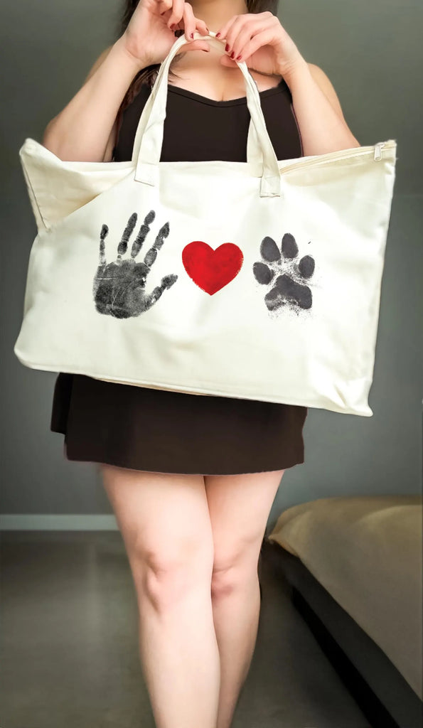The Same Heart Custom Tote Bag Personalized Paw and Hand Print Bag with Red Heart
