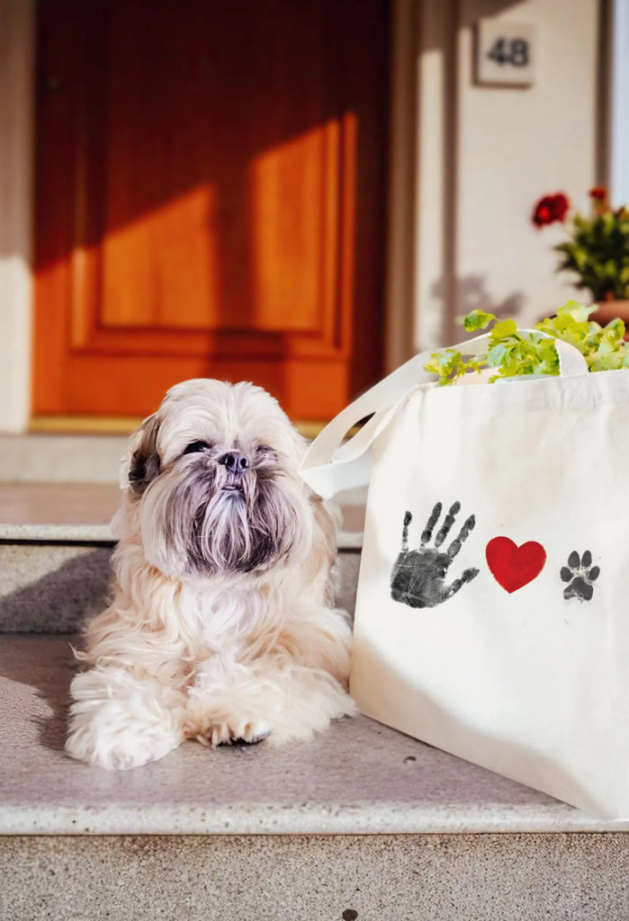 The Same Heart Custom Tote Bag Personalized Paw and Hand Print Bag - Shown next to Shih Tzu