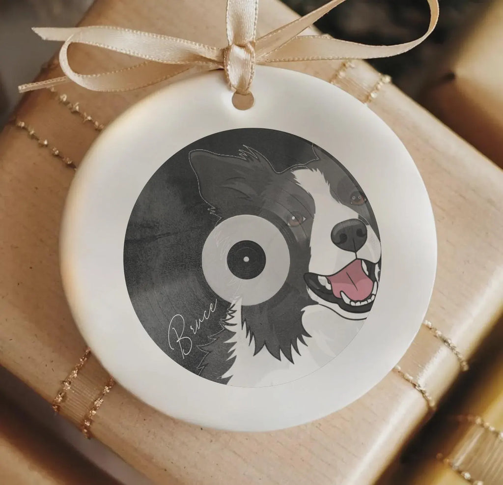 Custom Pet Vinyl Record Ornament Music Gift - Shown with Aussie