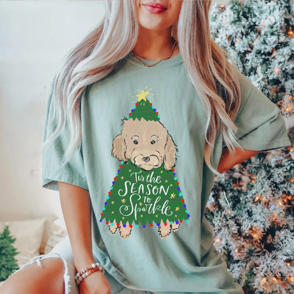 Custom Christmas Tree Pet Portrait T-Shirt - Sage