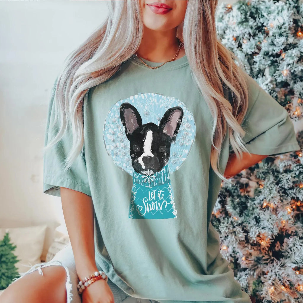 Custom Christmas Snow Globe Pet Portrait T-Shirt - Sage