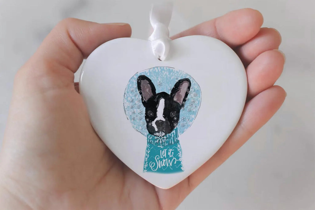 Custom Single or Set of Snow Globe Pet Portrait Ornaments - Shown with French Bulldog