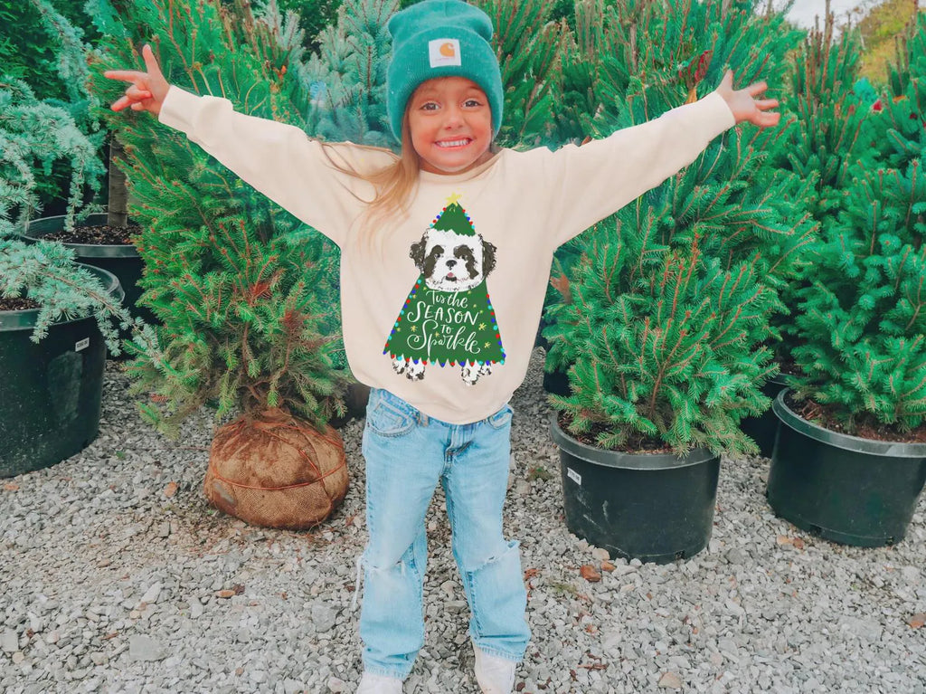 Custom Christmas Tree Pet Portrait Kid's Sweatshirt - Sand 