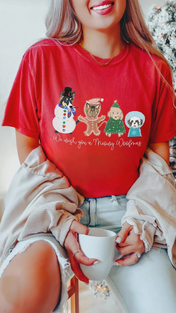 We Wish You A Meowy or Merry Woofmas (Customization Optional) T-Shirt - Red 