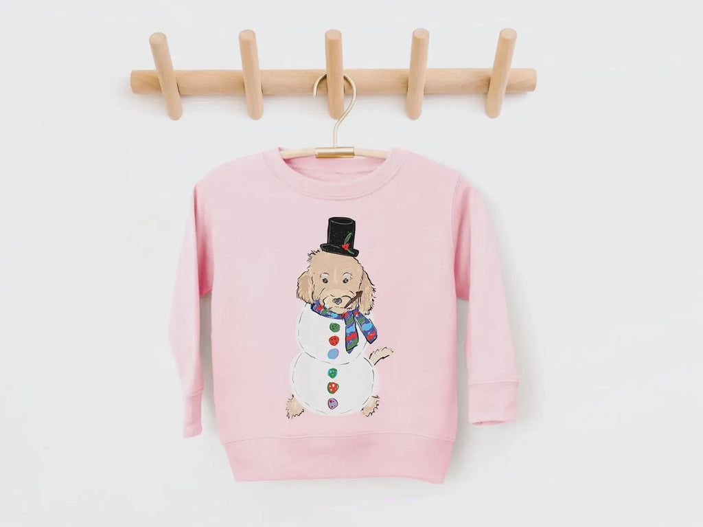 Custom Snowman Pet Portrait Christmas Kid's Sweatshirt - Pink Crew