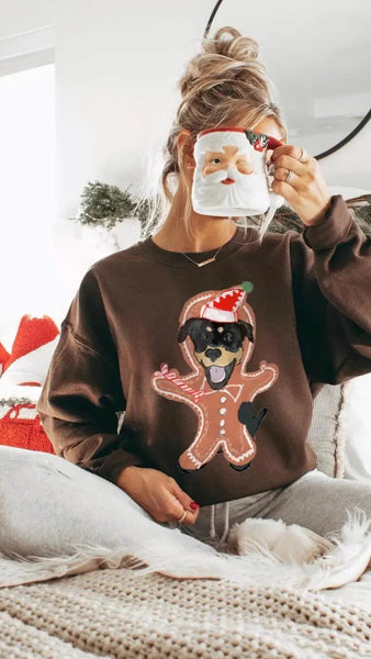 Custom Gingerbread Man Cat or Dog Pet Portrait Sweatshirt Espresso