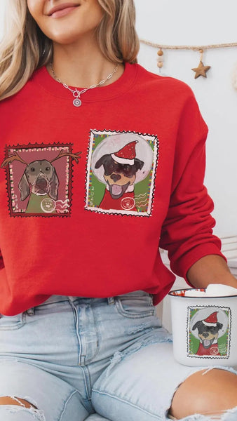 Custom Pet Portrait Stamp Sweatshirt: Festive Christmas Dog Mom Sweatshirt - in Red