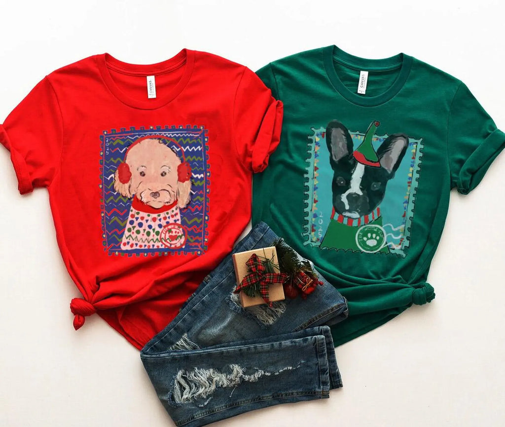 Custom Pet Portrait Stamps Christmas T-Shirt - in Red and Dark Green