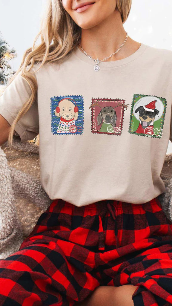 Custom Pet Portrait Stamps Christmas T-Shirt - In Tan