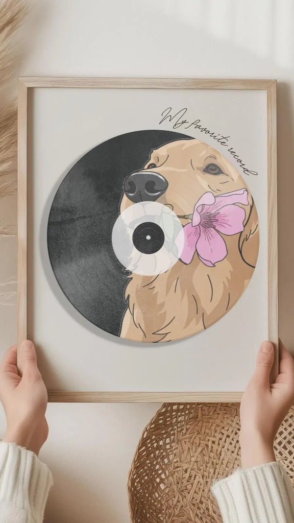 Custom Vinyl Record Pet Portrait - Golden Retriever holding Flower