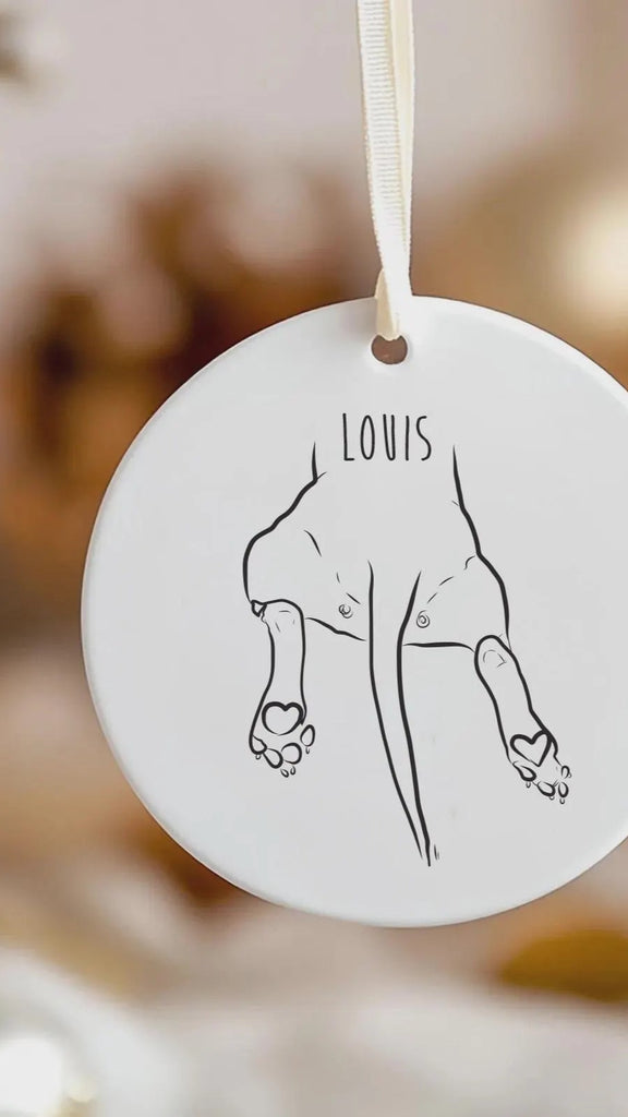 Custom Pet Sploot Circle Heart Ornament Ceramic Festive Christmas Ornaments with Dog, Cat, or Other Pet Leggies - Shown with Beagle Sploot