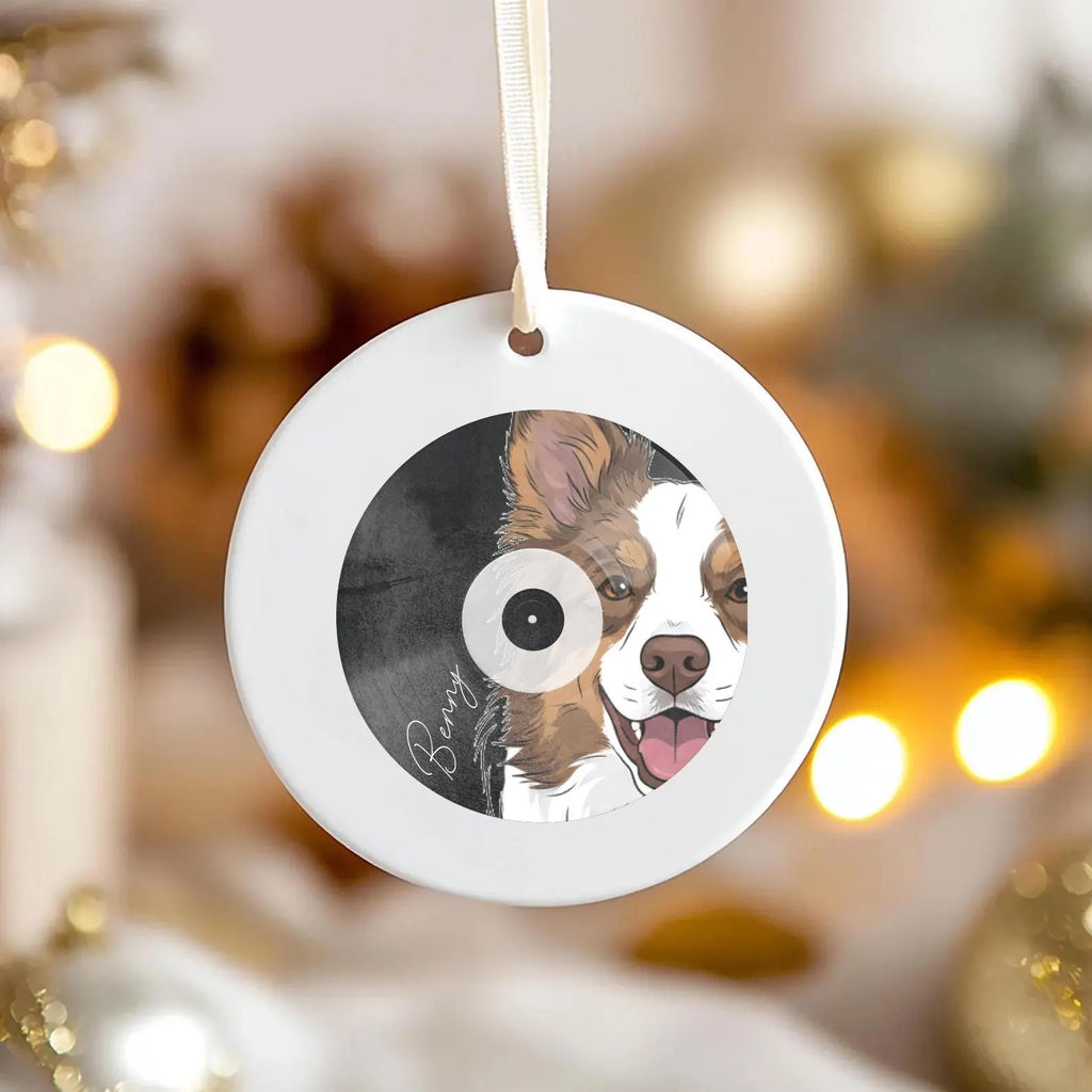Custom Pet Vinyl Record Ornament Music Gift - Shown with Pointy Eared Aussie Dog