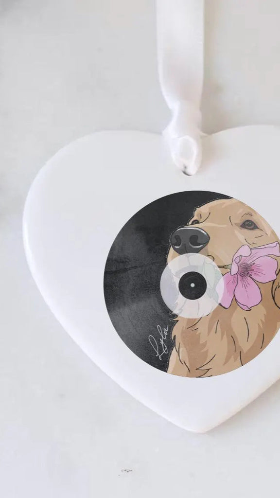 Custom Pet Vinyl Record Ornament Music Gift - Shown with Golden Retriever