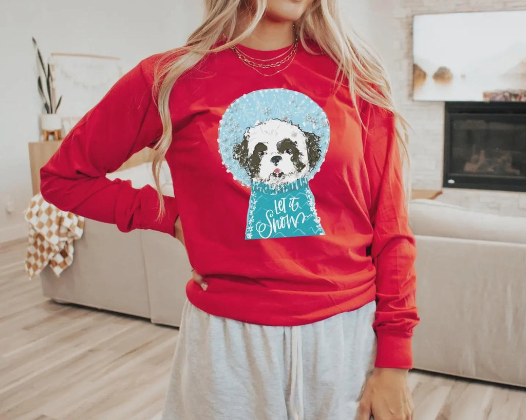 Custom Snow Globe Pet Portrait Long Sleeve Tee - Red