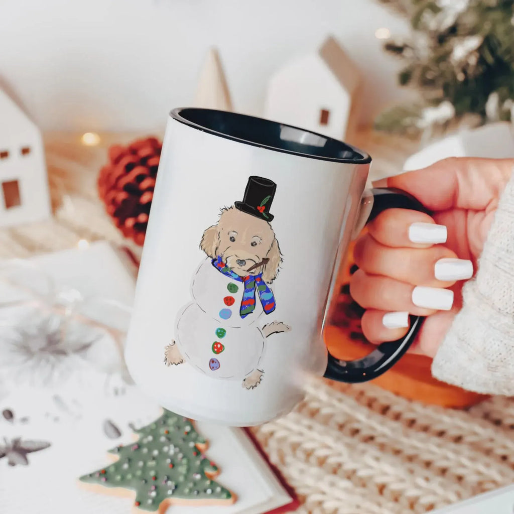 Custom Snowman Pet Portrait Festive Mug - Black Handle - Shown with Doodle Dog
