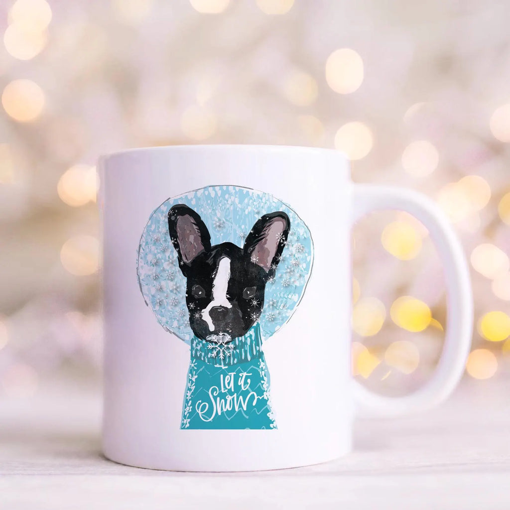 Custom Snow Globe Pet Portrait Festive Mug - White Handle with Frenchie Design