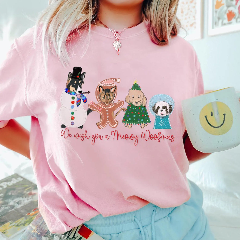 We Wish You A Meowy or Merry Woofmas (Customization Optional) T-Shirt - Blossom Pink