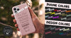 Phone case with customizable text and design color options displayed.