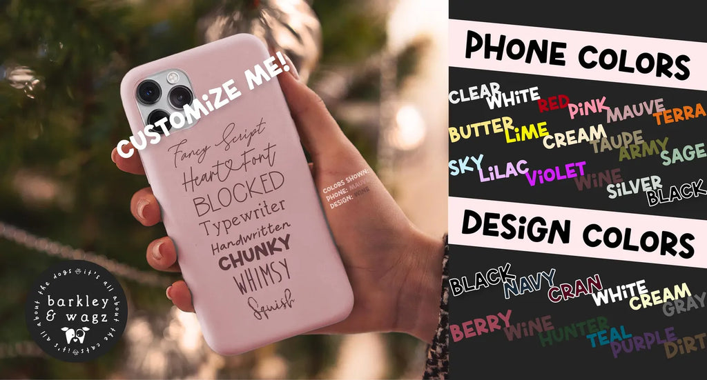 Phone case with customizable text and design color options displayed.