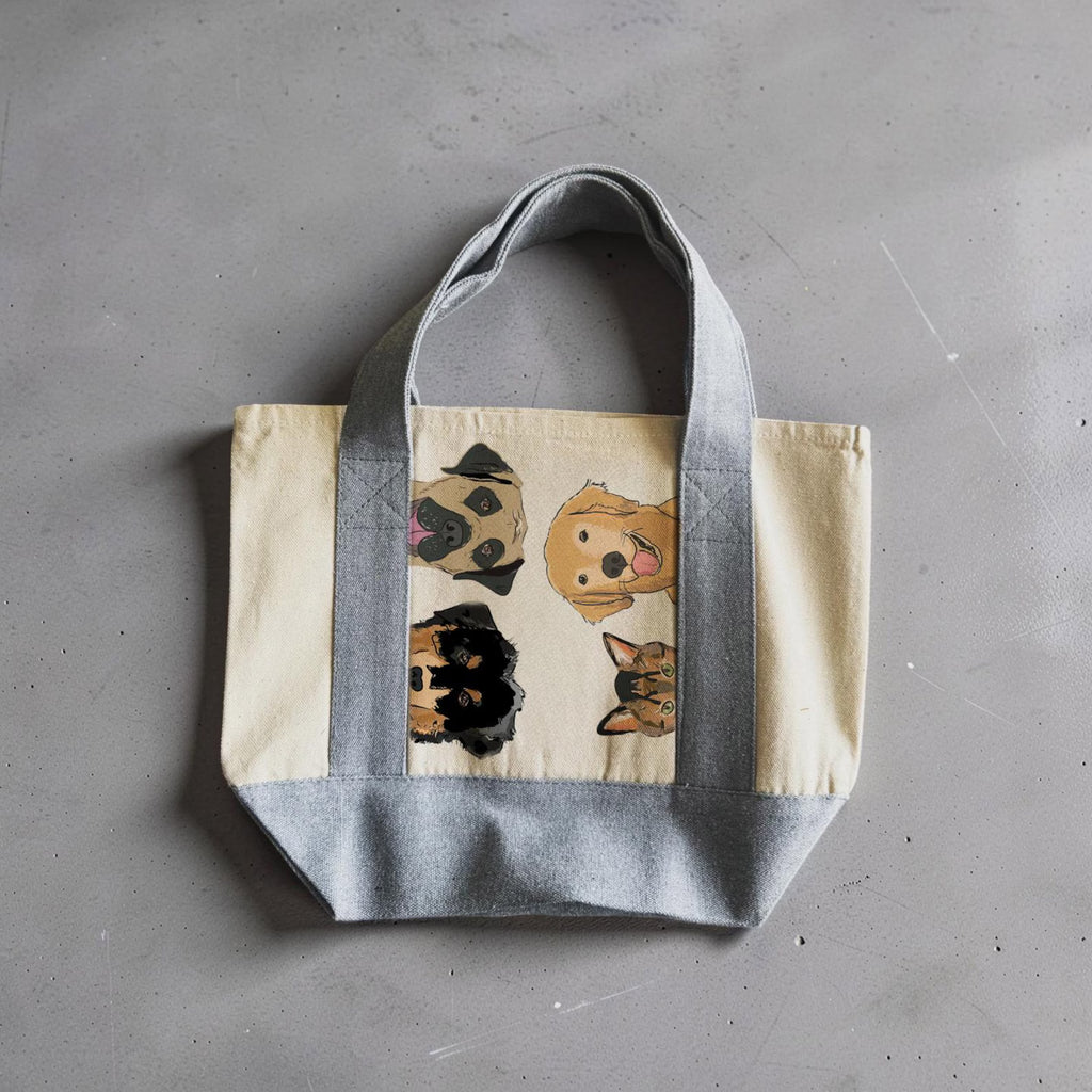 Custom Multiple Pet Portraits Mini Tote with Mastiff, Aussie, Goldie, and Cat