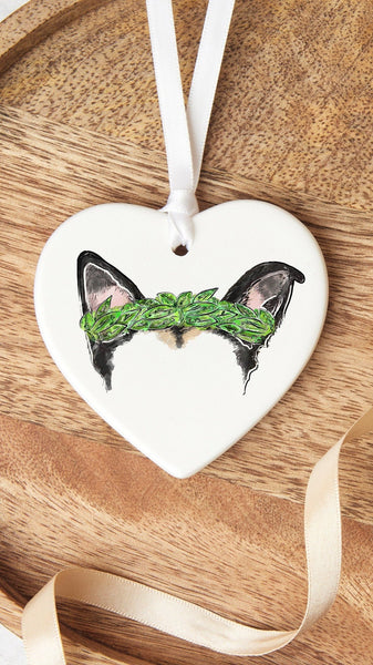 Custom Single or Set of Ceramic Christmas Ornaments with Color Pet Ears in Heart Shape