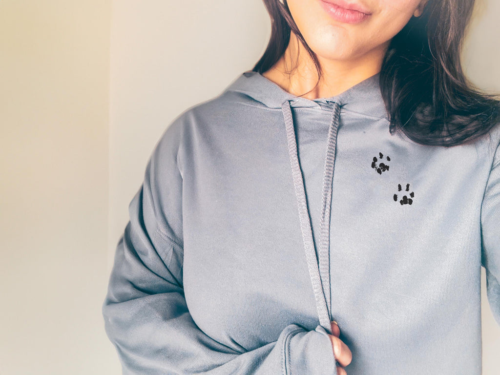 Custom Dog, Cat, or Other Pet's Paw Print Cropped Hoodie or Crewneck Sweatshirt in Storm Gray