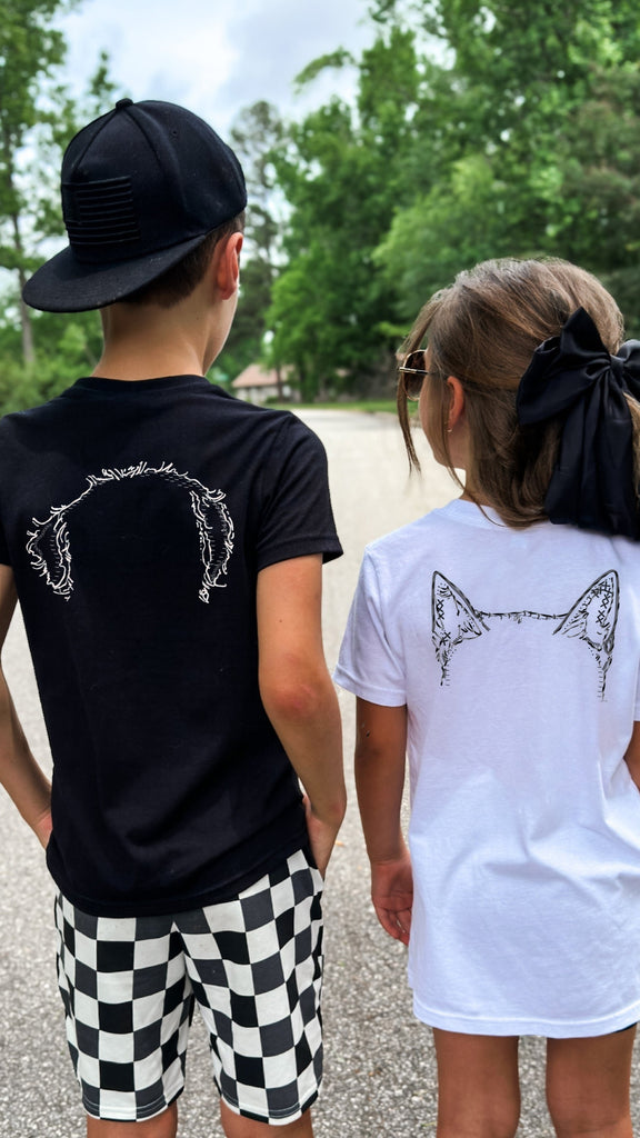 INFANT, TODDLER, or YOUTH Custom Faux Embroidery Pet Ears Tee in White and Black